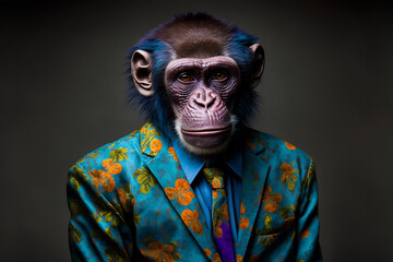 Portrait of a Monkey Dressed in a Colorful Suit, Creative Stock Image of Animals in Business Suit. Generative AI