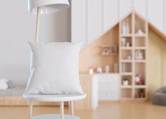 White square pillow in kids room. Blank cushion case template for your graphic design presentation. Pillow cover mock up for print, pattern, personalized illustration. Close-up. 3D rendering.