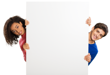 Young beautiful couple holding empty banner, isolated on white