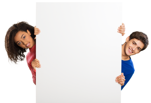 Young beautiful couple holding empty banner, isolated on white