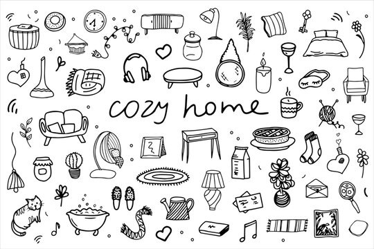 Seth is a cozy house. Interior items, things for recreation. Bed, armchair, furniture, plants, dishes. Vector black and white elements drawn by hand. .Logo, doodle, sketch, clipart, template, design