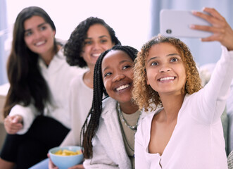 Woman, friends and smile for selfie, profile picture or vlog together relaxing on living room sofa at home. Happy women smiling for photo, memory or online social media post in friendship indoors