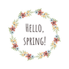 Wreath of spring flowers isolated on white background. Cute simple style. Frame for banners, cards, web, posters, postcards, invitations.