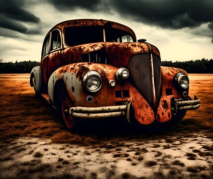 Old Vintage Rusted Car, Generative AI Illustration