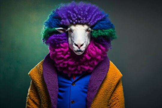 Portrait of a Sheep Dressed in a Colorful Suit, Creative Stock Image of Animals in Business Suit. Generative AI