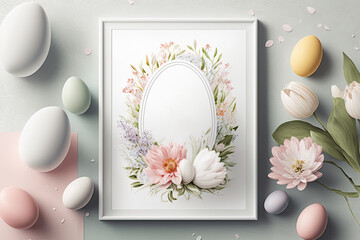 Easter decor. Mockup with a white frame, painted flowers. Flatlay with ceramic eggs and beautifull flowers. Copy space. Watercolor, pastel colos. Generative AI