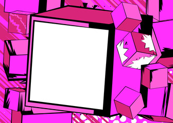 Blank comic book copy space on a pink cube shape. Comics cartoon background template.