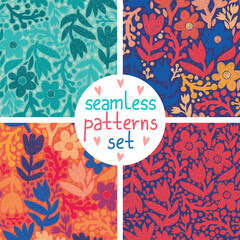 Hand drawn designs set with scandinavian seamless floral elements. Colorful leaves, sticks and flowers. Modern scandinavian surface design. Textured objects art. Creative handmade designs collection.
