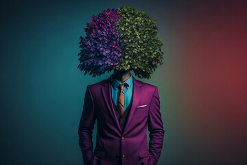 Portrait of a Tree Dressed in a Colorful Suit, Creative Stock Image of Animals in Business Suit. Generative AI