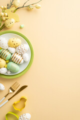 Easter atmosphere concept. Top view vertical photo of plates with lot of colorful easter eggs knife fork chicken shaped baking mold and easter bouquet on isolated pastel beige background