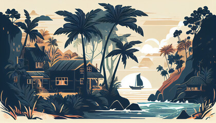 Sea and ocean, beach with palm trees. natural landscape. Seascape. Beautiful landscape of nature. Cottage house by the sea, apartments by the ocean beach. generative ai