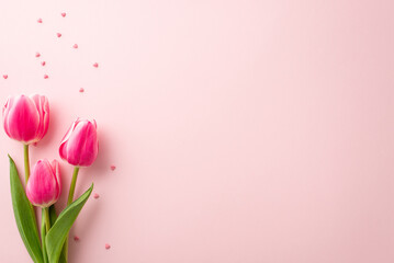 Women's Day celebration concept. Top view photo of bunch of pink tulips and heart shaped sprinkles...