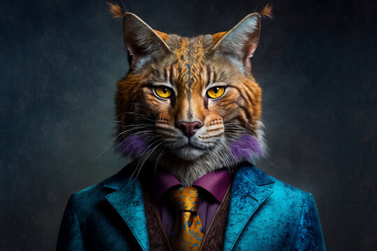 Portrait of a Wild Cat Dressed in a Colorful Suit, Creative Stock Image of Animals in Business Suit. Generative AI