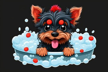Adorable Yorkshire Terrier in the bath, head covered in foam. Happy puppy sticking out its tongue after a bath. The idea of pet grooming. To make room for a copy. Generative AI