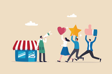 Customer loyalty or retention, marketing strategy for return customer, CRM to increase sale and satisfaction concept, store owner with megaphone tell loyalty customers with brand positive feedback.