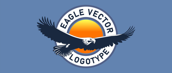Vector logo. A simplified flying bald eagle with spread wings against the backdrop of a sunrise or sunset.
