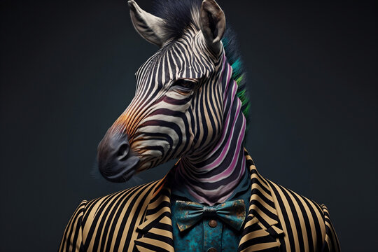 Portrait of a Zebra Dressed in a Colorful Suit, Creative Stock Image of Animals in Business Suit. Generative AI