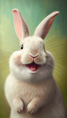 Obraz premium White rabbit smiling, green background, AI generative