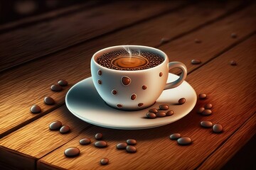 Obraz premium Coffee beans and a white coffee cup on a worn wooden table. Generative AI