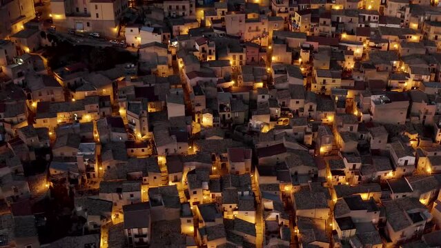 Aerial view of Agira, a small town on hilltop in Sicily, Italy.