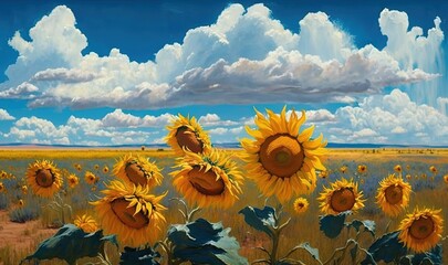  a painting of a field of sunflowers with a sky background.  generative ai