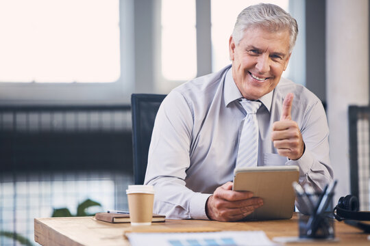Senior, business man and tablet with thumbs up portrait, analysis and planning at desk for schedule. Elderly stock broker, fintech and mobile touchscreen for email, market strategy or contact for ceo