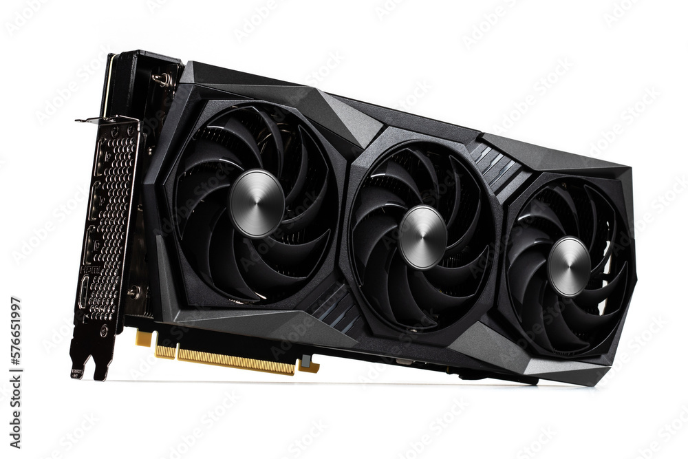Fototapete Computer graphic card with three fans. Video card with three coolers from the computer. GPU card. IT hardware.
