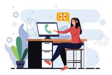 Fototapeta premium Call center minimalistic concept with people scene in the flat cartoon design. Call center operator answers all inquiries and helps people. Vector illustration.