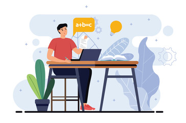 Education minimalistic concept with people scene in the flat cartoon design. Student works on solving a math example at home. Vector illustration.