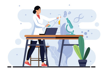 Science lab minimalistic concept with people scene in the flat cartoon design. Young scientist conducts experiments in a chemical laboratory. Vector illustration.