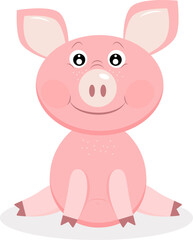 A cute pink pig sits on a white background. Vector illustration of a character in cartoon style.