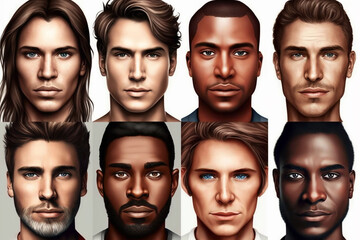 Obraz premium Eight faces of young men of different nationalities on white background, illustration generative ai