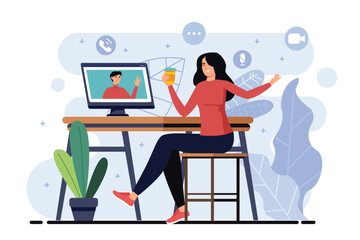 Video conference minimalistic concept with people scene in the flat cartoon style. Business woman communicates with her colleague via video conference. Vector illustration.