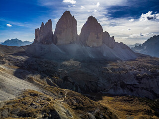 Exciting view of the three peaks of Lavaredo and Monte Paterno. Dream Dolomites.