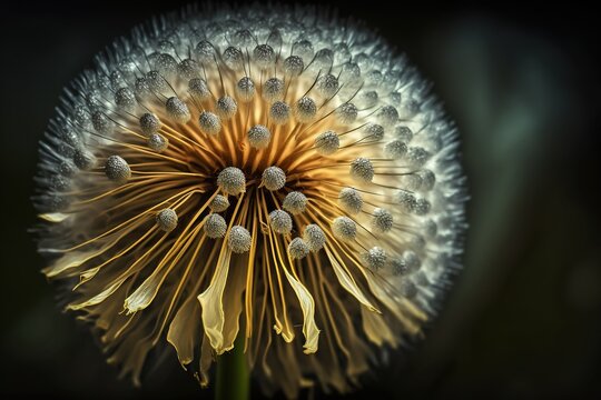 A vibrant, close-up macro shot of a dandelion flower lit. Ai generated.