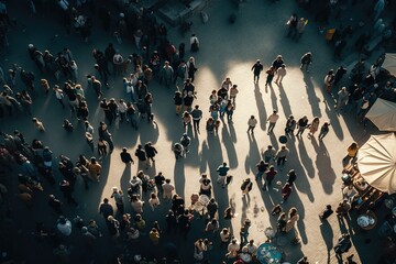 Group of people gather and walk in the city, aerial view of a crowd. Ai generated.