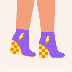 Woman high heel ankle boots. Pair of bright female, girls shoes. Glamour footwear. Retro, old style, vintage. Trendy vector illustration. 60-s, 70-s style..