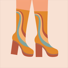 Woman legs in high heel boots. Pair of female, girls shoes. Stylish vintage footwear. Retro, old style. Trendy vector illustration. 60-s, 70-s style.