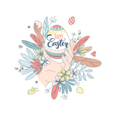 Fototapeta na wymiar Funny Happy Easter floral pattern egg background greeting card