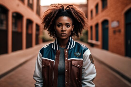 Portrait of a young black woman with afro hair wearing casual clothes, modern street fashion, looking at the camera calm and collected. Ai generated.