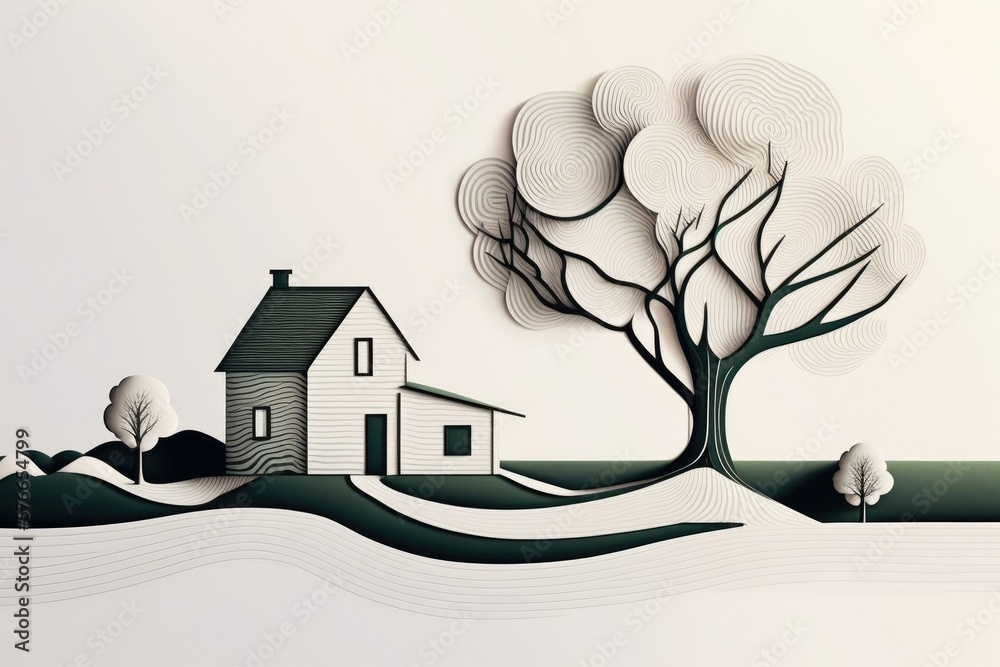 Poster constantly evolving minimalist contour illustration of a home and tree in the countryside using just