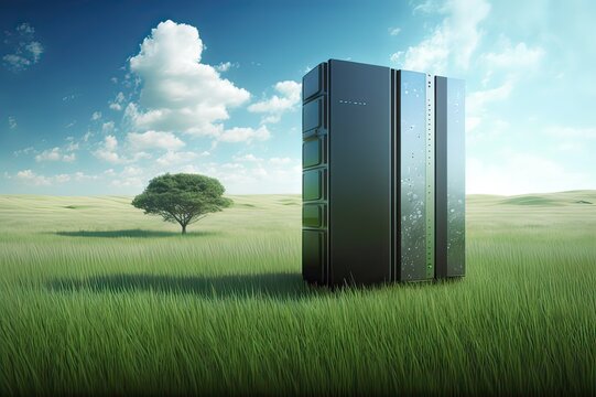 Server Rack in Green Field with Blue Sky. Photo generative AI