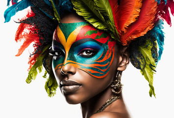 Sexy black woman wearing a colorful carnival mask isolated on white background, generative ai