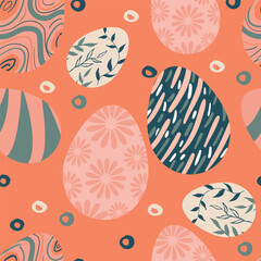  Easter pattern with decorated eggs and additional elements. Vector seamless pattern. For textiles, backgrounds, flyers.