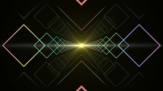 Color Square Shapes Motion. Geometric shapes with light beam dynamic background, squares and lines, diverse colors, seamless loop.