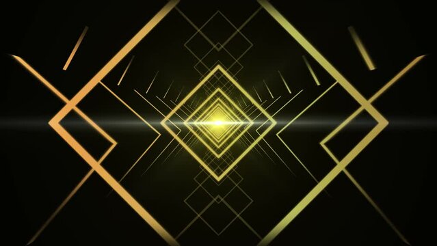 Yellow Light Geometric Motion. Geometric shapes with light beam dynamic background, squares and lines, yellow gradient, seamless loop.