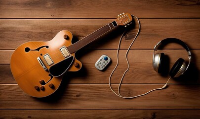  a guitar, headphones, and a remote on a wooden floor.  generative ai