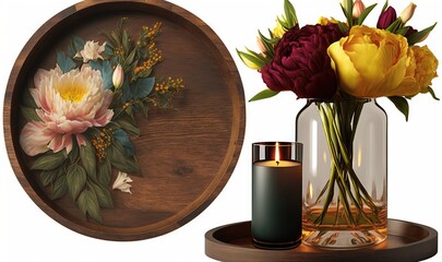  a wooden tray with flowers and a candle on a table.  generative ai