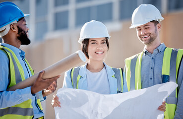 Blueprint, planning and engineering with people on construction site for teamwork, building and architecture. Meeting, floor plan and project management with group of engineer for idea and graphic