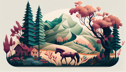 Natural landscape illustration, trees, forest, mountains, flowers, plants, houses. Beautiful landscape of nature. horse, wild horse, domestic horse. generative ai